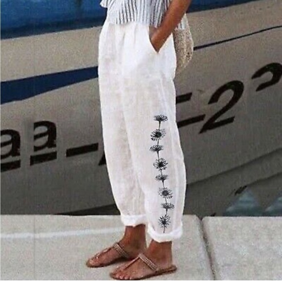 Women Pants With Pockets High Waist Baggy Print Cotton Loose Long Straight Pants - Picture 1 of 9